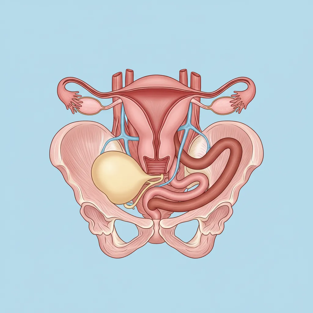 Anatomy of the female pelvic organs. Image showing uterus, ovaries, fallopian tubes, bladder, and rectum.