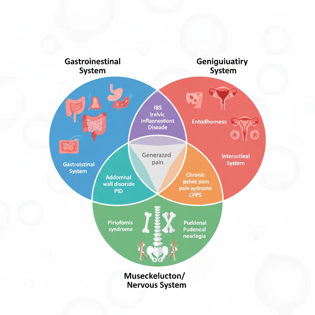 Diagram showing overlapping causes of pelvic pain from different organ systems.