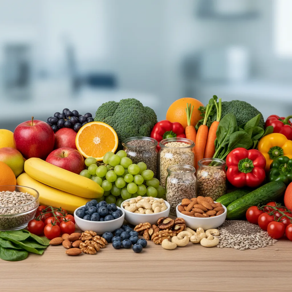 Стол с разнообразными здоровыми продуктами: фруктами, овощами, орехами, символизирующий сбалансированное питание.