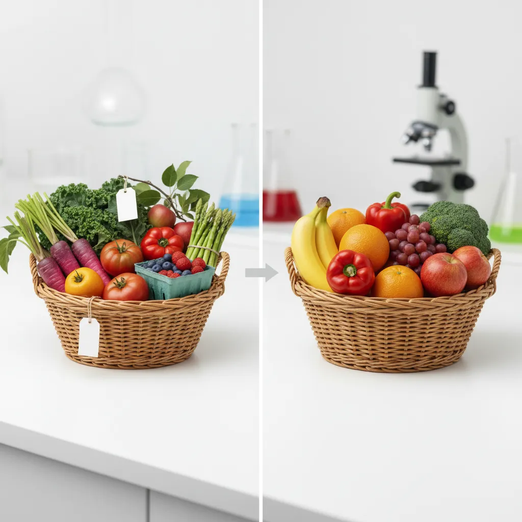 Изображение двух корзин с продуктами: одна с органическими овощами и фруктами с этикетками 'organic', другая с традиционными, но свежими и разнообразными продуктами, подчеркивающее выбор.