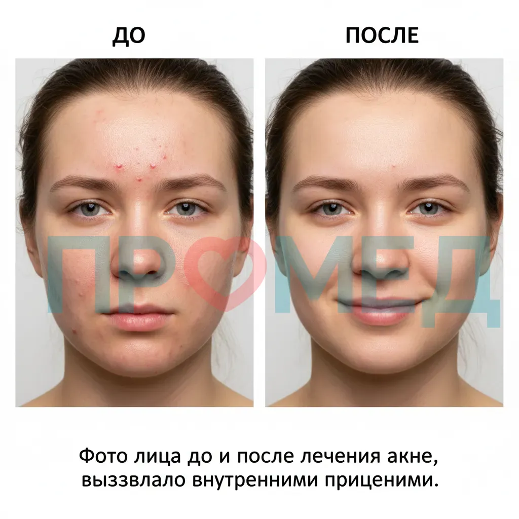 Фото лица до и после лечения акне, вызванного внутренними причинами.