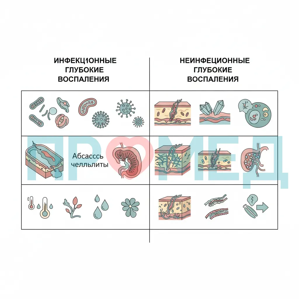 Сравнительная таблица инфекционных и неинфекционных глубоких воспалений