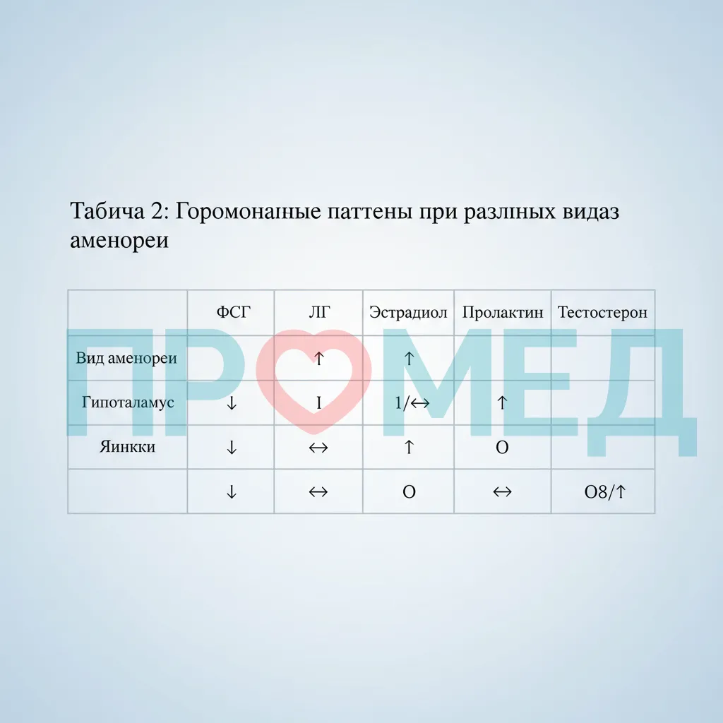 Таблица 2: Гормональные паттерны при различных видах аменорей