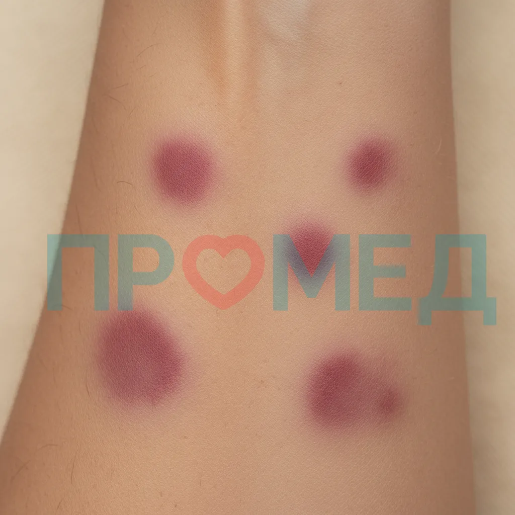 Изображение демонстрирует стоикие красные пятна поствоспалительной эритемы.