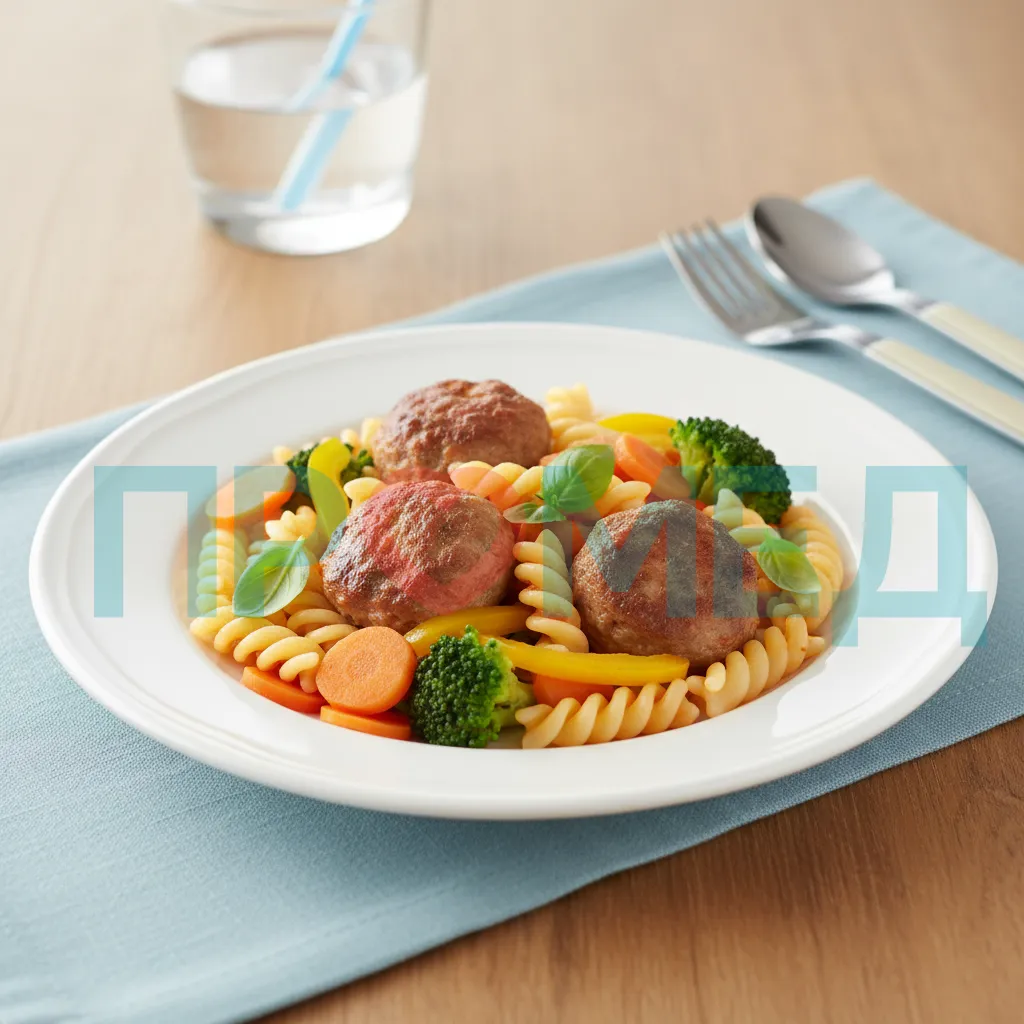 Детская порция макарон с фрикадельками и овощами