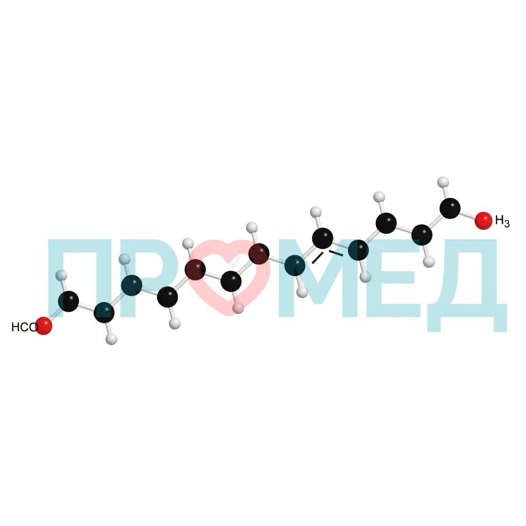 Структурная формула Докозагексаеновой кислоты (ДГК). Полиненасыщенная жирная кислота с 22 атомами углерода и 6 двоиными связями, первая из которых находится у третьего атома углерода от метильного конца.