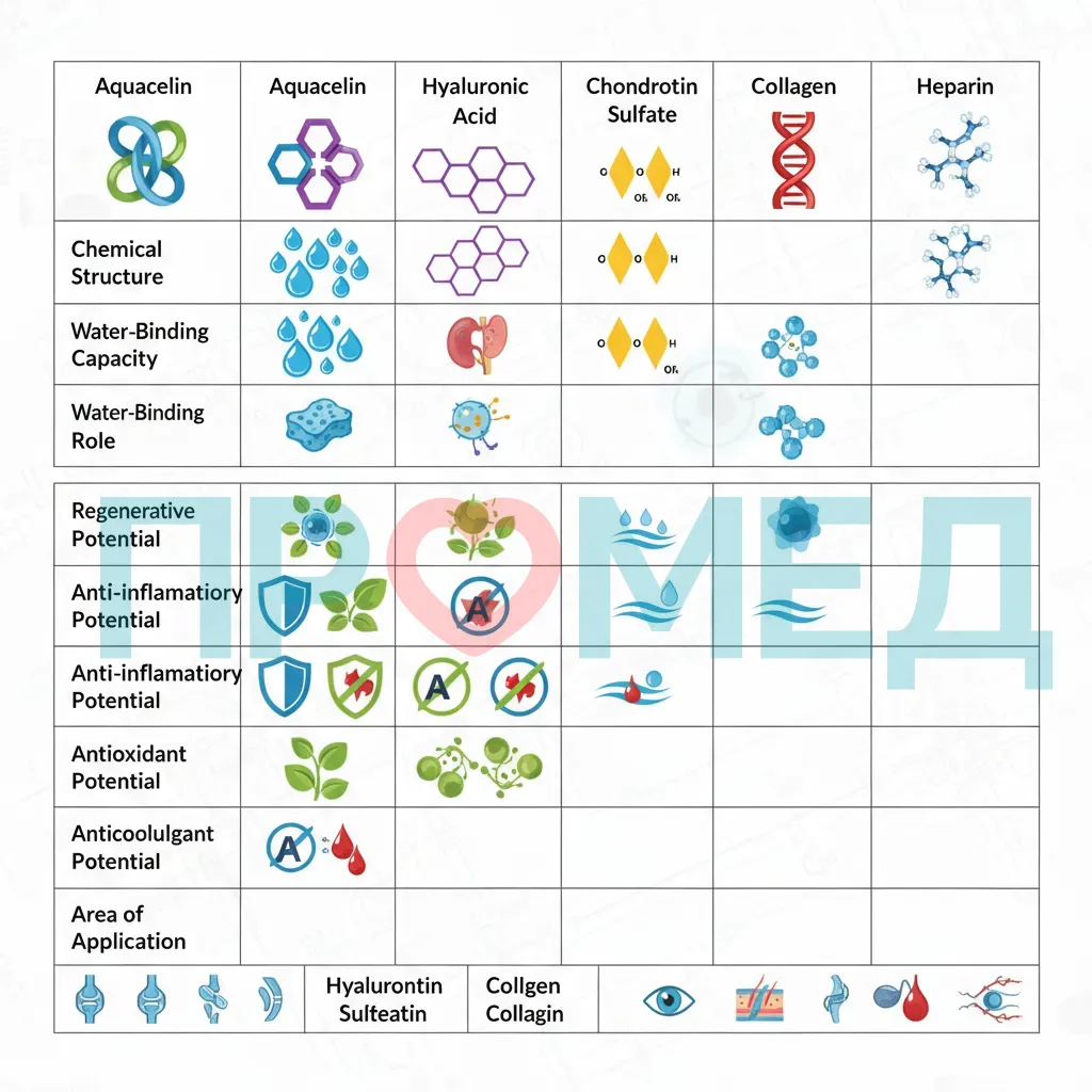 Сравнительная таблица эффективности Аквацелина с Гиалуроновой кислотой, Хондроитинсульфатом, Коллагеном и Гепарином, показывающая различия в химической структуре, биологической роли, способности связывать воду, регенеративном, противовоспалительном, антиоксидантном и антикоагулянтном потенциале, а также в области применения.