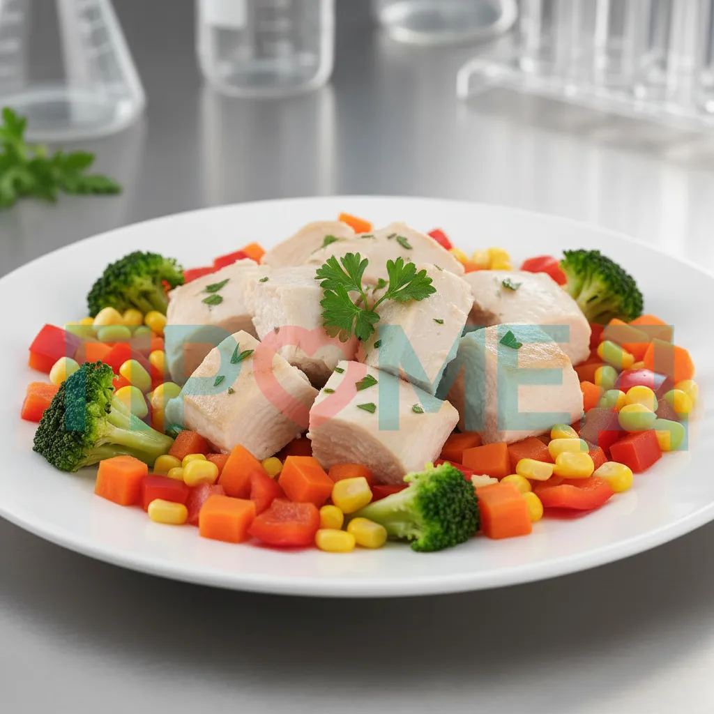 Кусочки куриной грудки на тарелке с овощами