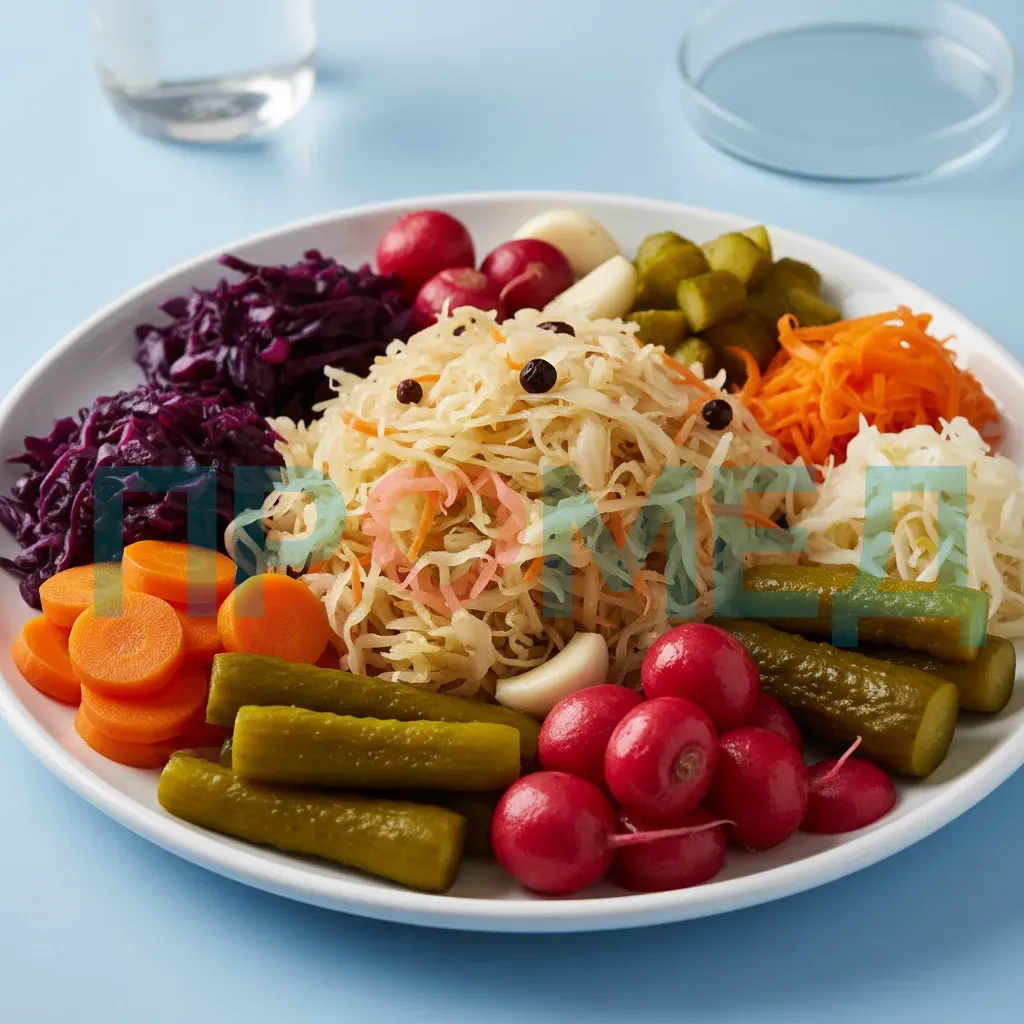 Тарелка с квашеной капустой и другими ферментированными овощами.