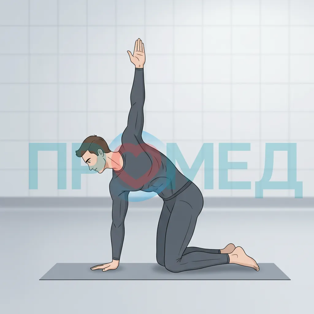 Мужчина на четвереньках поднимает одну руку вверх, затем просовывает ее под другой рукой.