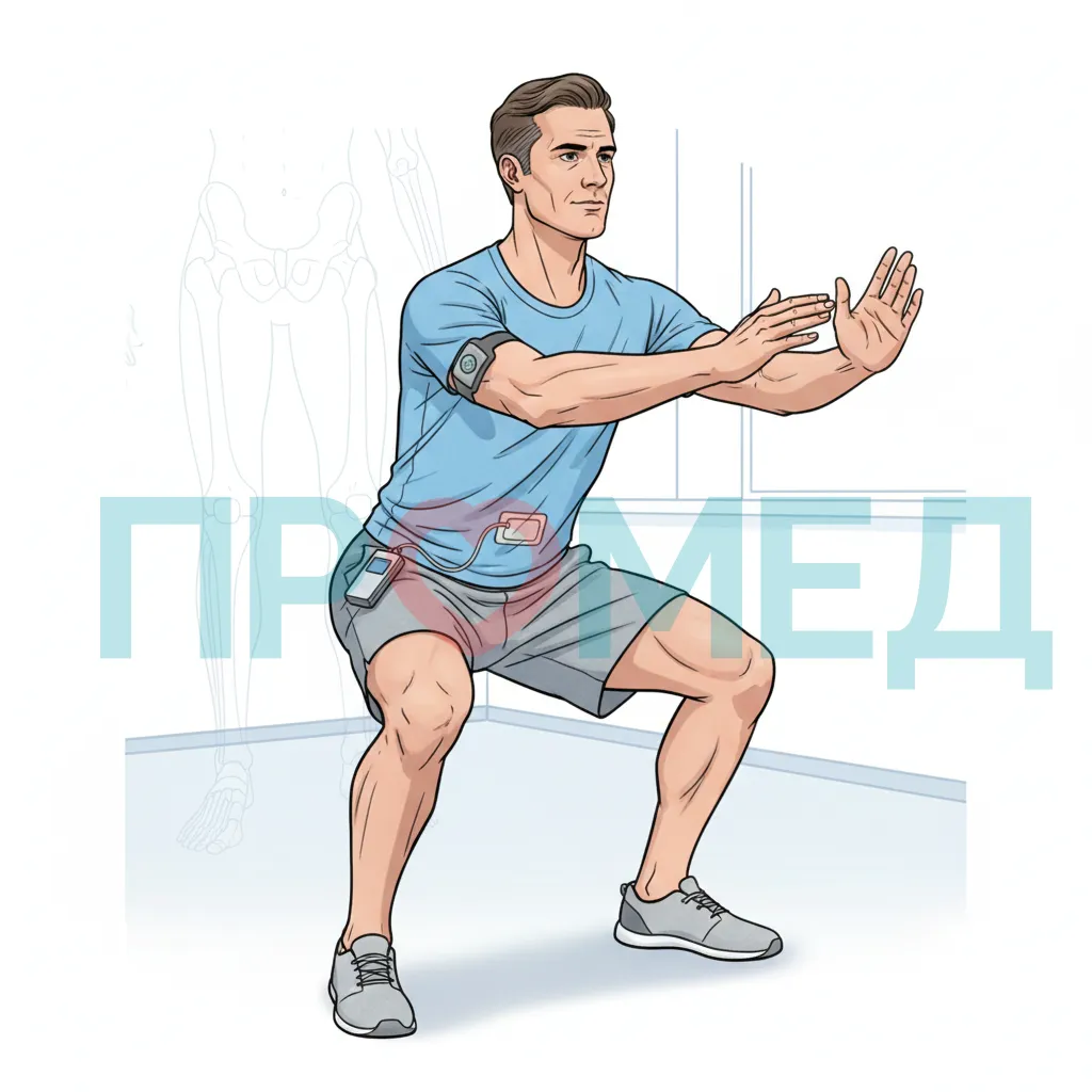 Человек с диабетом делает приседания.