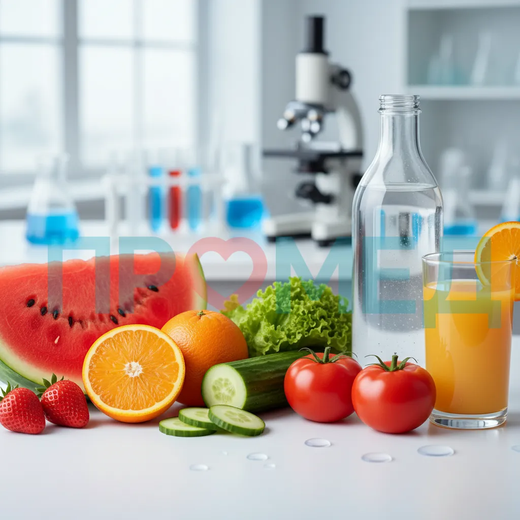 Разнообразие продуктов питания, богатых водой, таких как свежие фрукты (арбуз, апельсины), овощи (огурцы, помидоры) и напитки (бутылка воды, стакан сока).