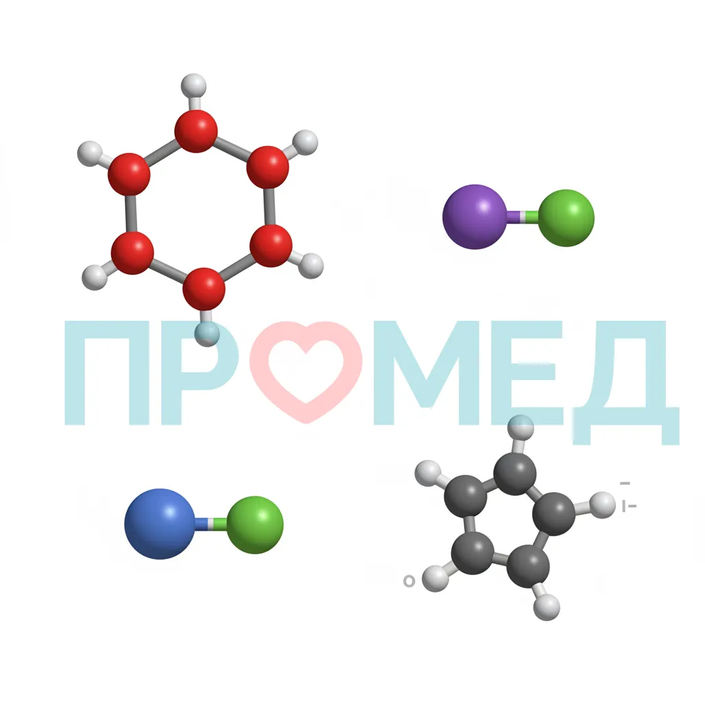 Молекулярные структуры глюкозы, натрия хлорида, калия хлорида и цитрата