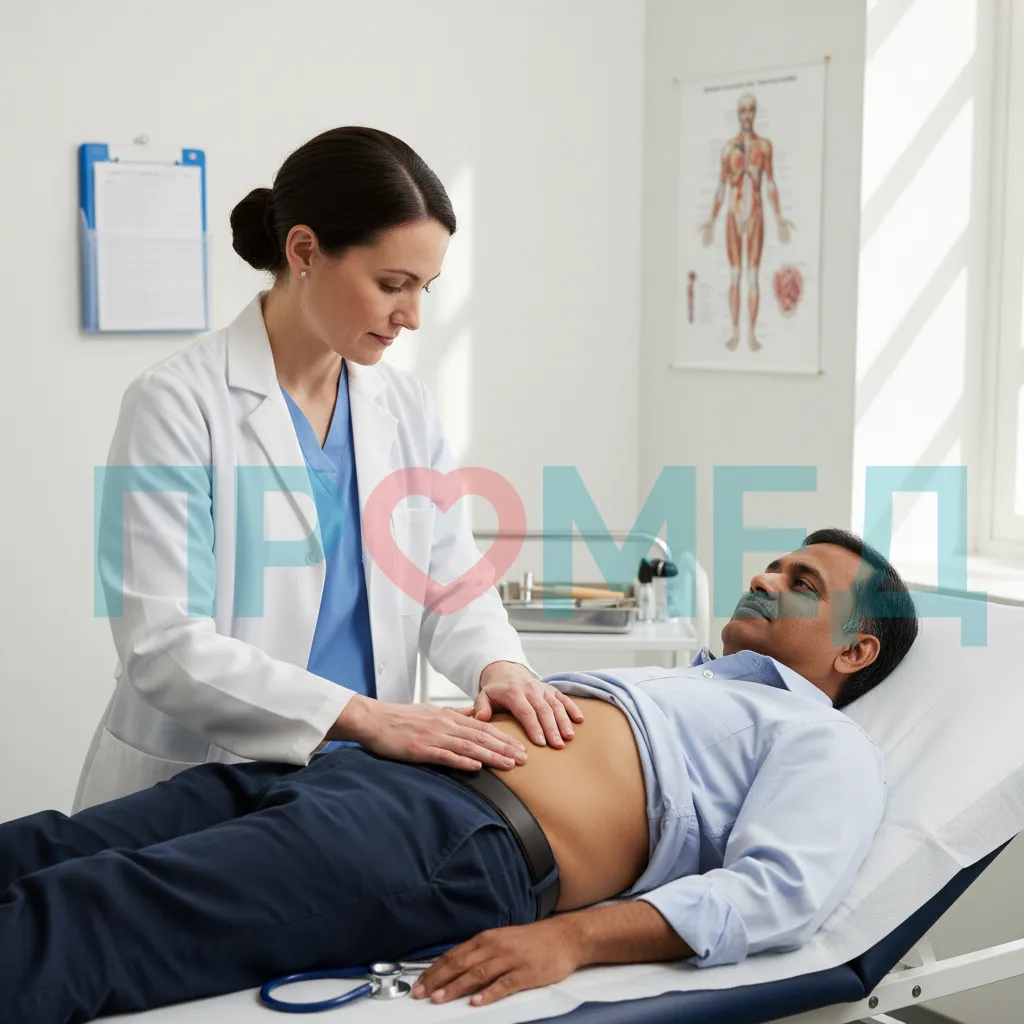 Doctor examining a patient's abdomen.