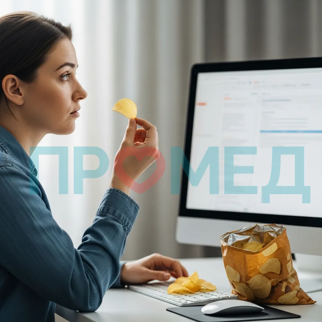 Человек, отвлеченно едящий за компьютером с пачкой чипсов