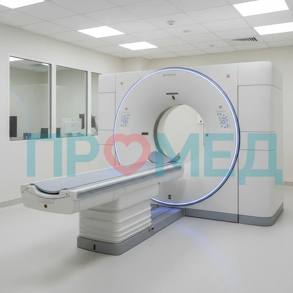 Современный КТ-сканер с круглой апертурой для пациента.