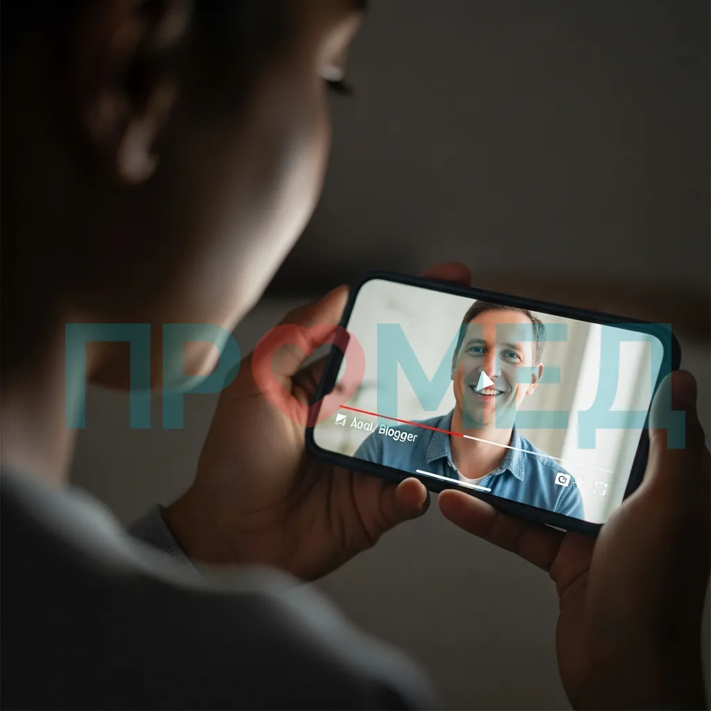 Человек смотрит на экран смартфона, где виден блогер