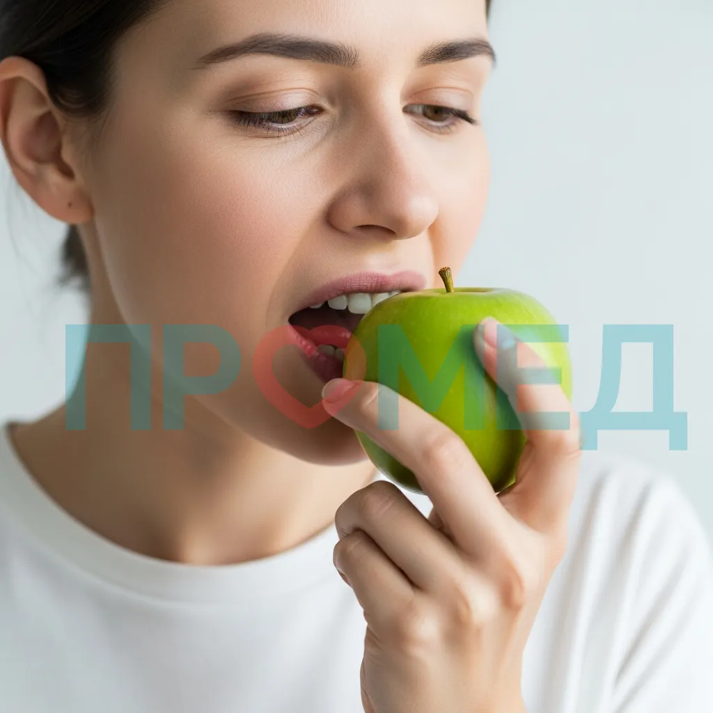 Человек, медленно и сосредоточенно ест яблоко