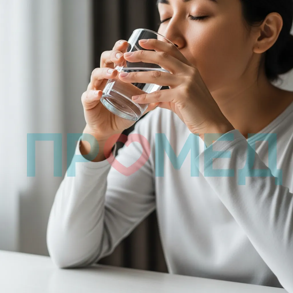 Человек спокоино пьет воду из стакана