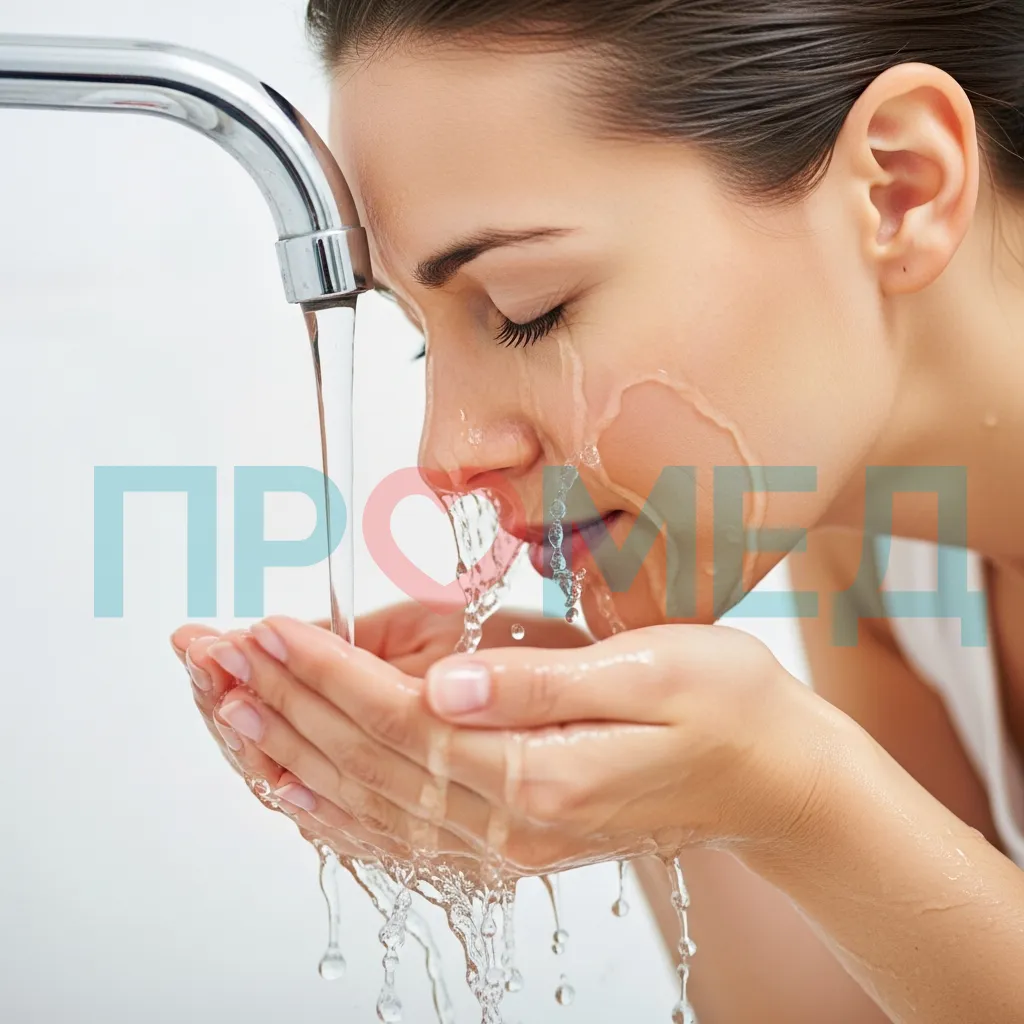 Женщина умывает лицо водои