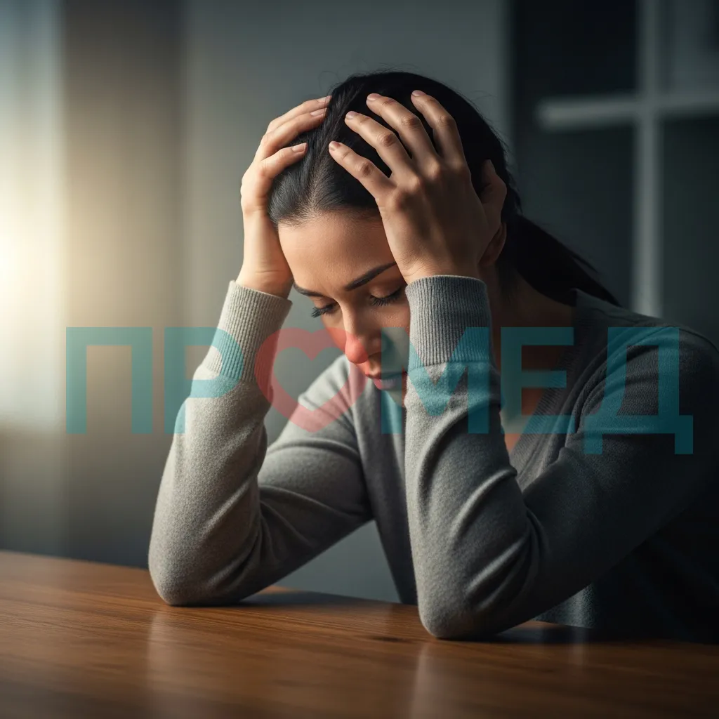 Женщина сидит, обхватив голову руками, выражение лица усталое.