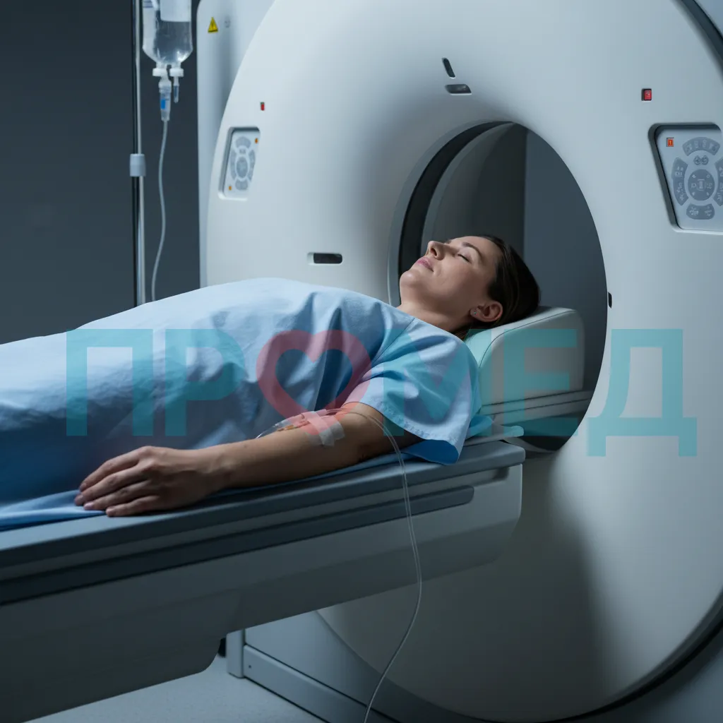 Пациент лежит на столе томографа с внутривенным катетером, готовый к сканированию.