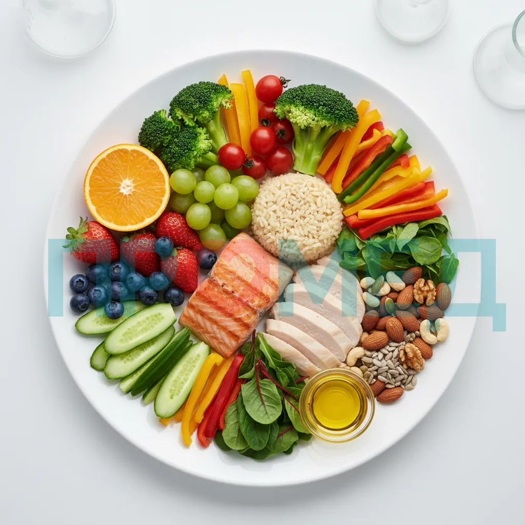 Тарелка с разнообразными продуктами: фрукты, овощи, мясо, орехи
