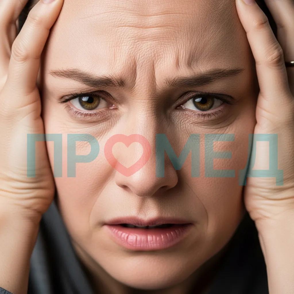 Взрослый человек, демонстрирующий признаки стресса и тревоги: беспокойное выражение лица, голова в руках.