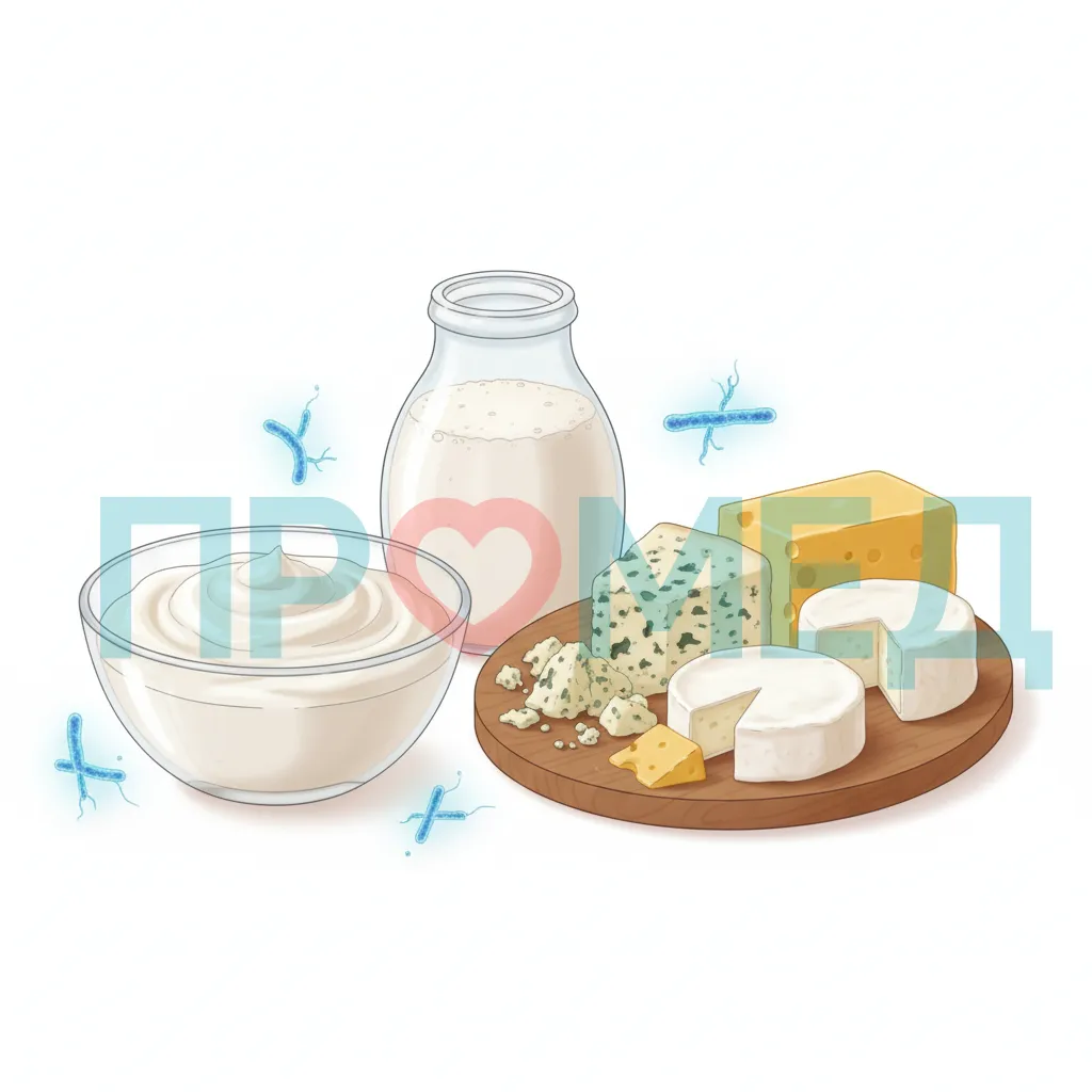 Изображение различных ферментированных продуктов: йогурт, кефир, сыр, которые могут быть источником бифидобактерий.
