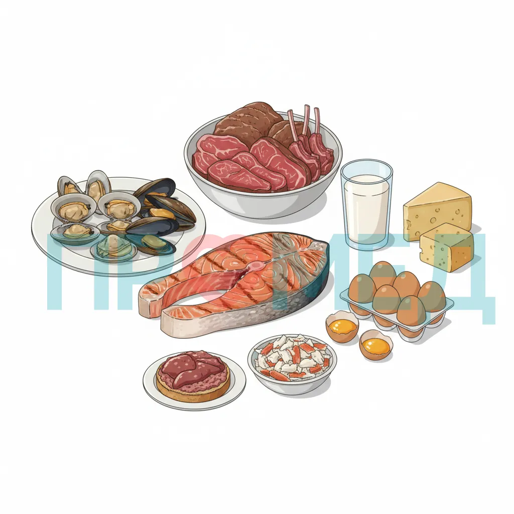 Разнообразные продукты животного происхождения, богатые витамином B12.
