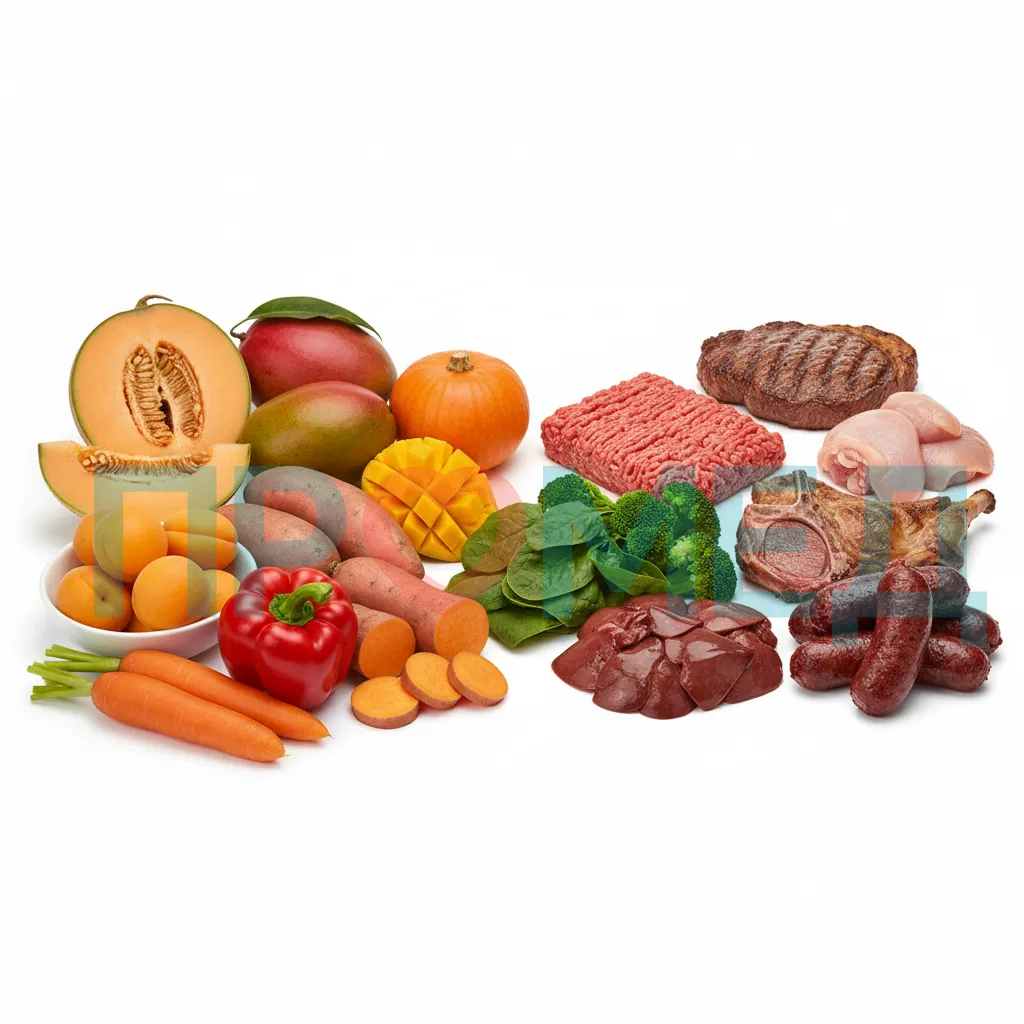 Ассортимент овощей и фруктов, богатых бета-каротином, и мясных продуктов, богатых железом