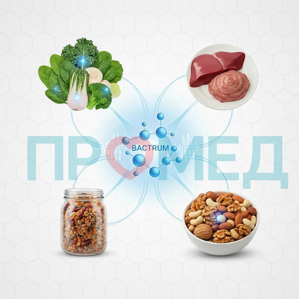Различные продукты питания, такие как зеленые овощи, бобовые, орехи и печень, изображенные как гипотетические источники Бактрума.
