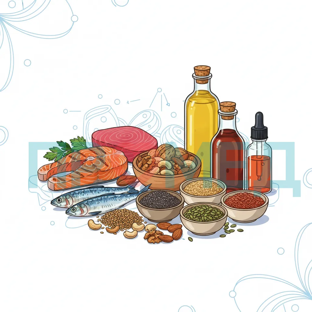 Разнообразие продуктов, богатых омега-3: жирная рыба, орехи, семена и масла