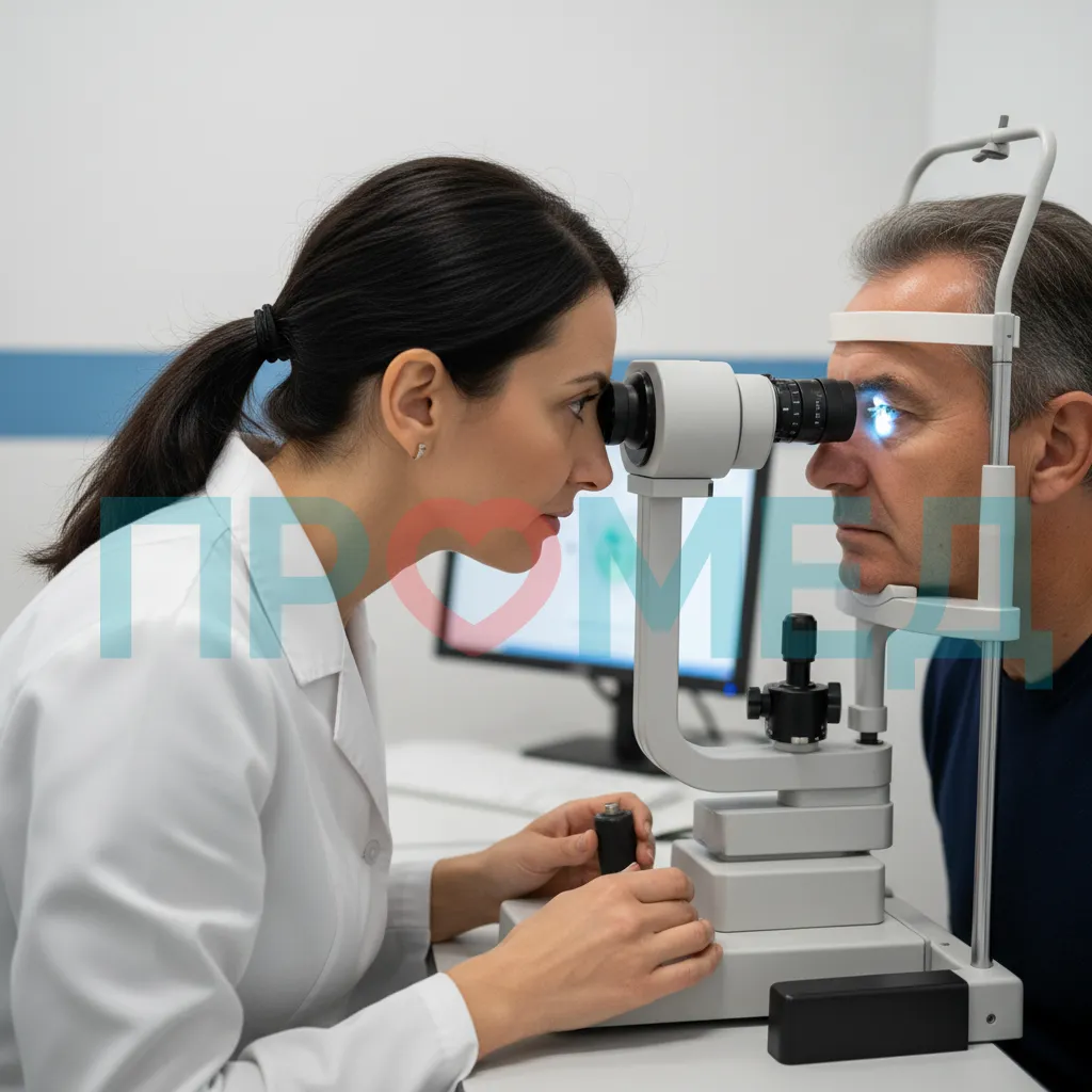 Врач-офтальмолог проводит биомикроскопию пациенту с помощью щелевой лампы