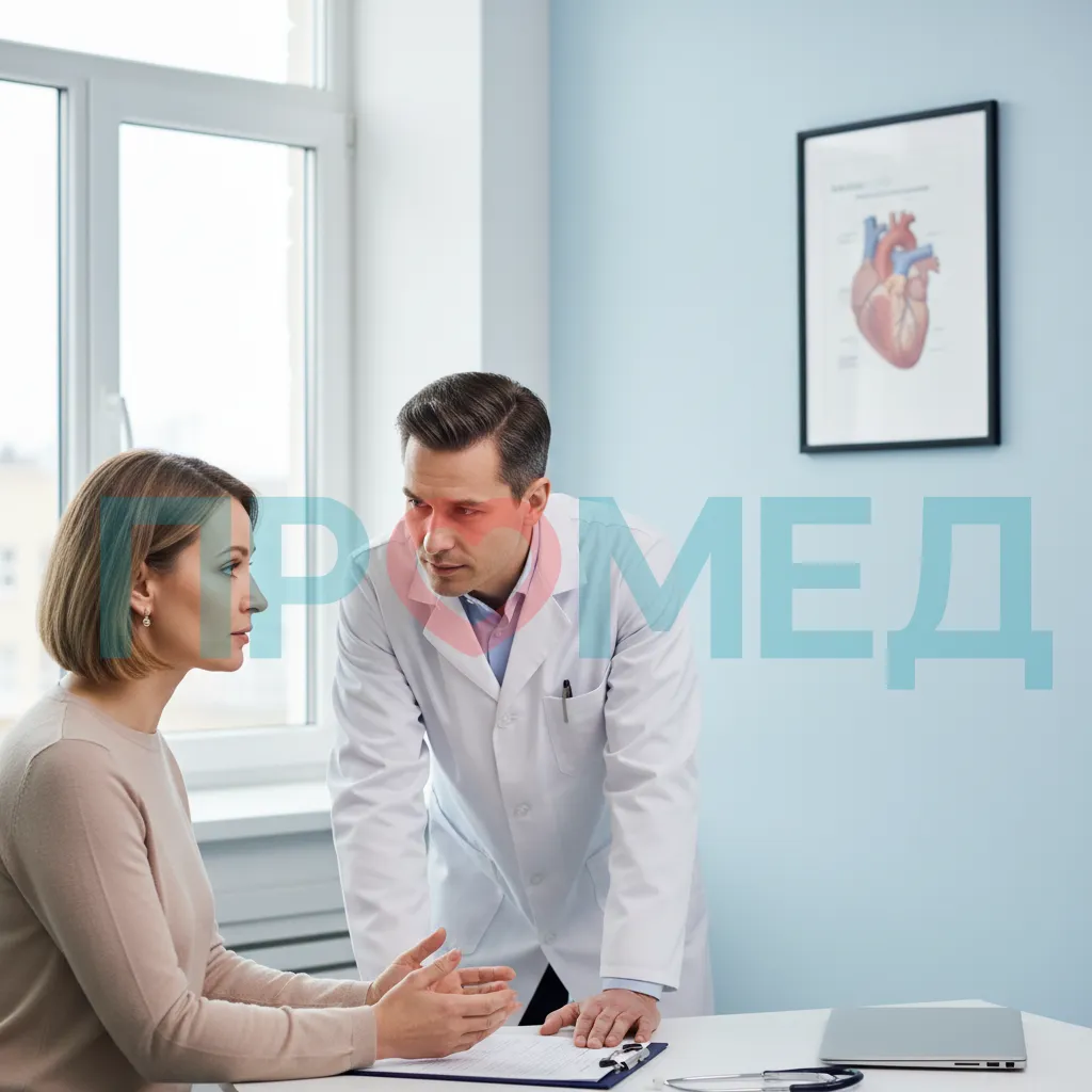 Врач в белом халате внимательно слушает пациента в кабинете