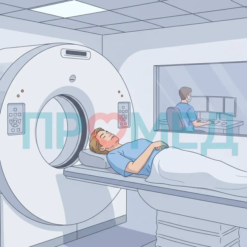 Пациент на столе компьютерного томографа готовится к сканированию.