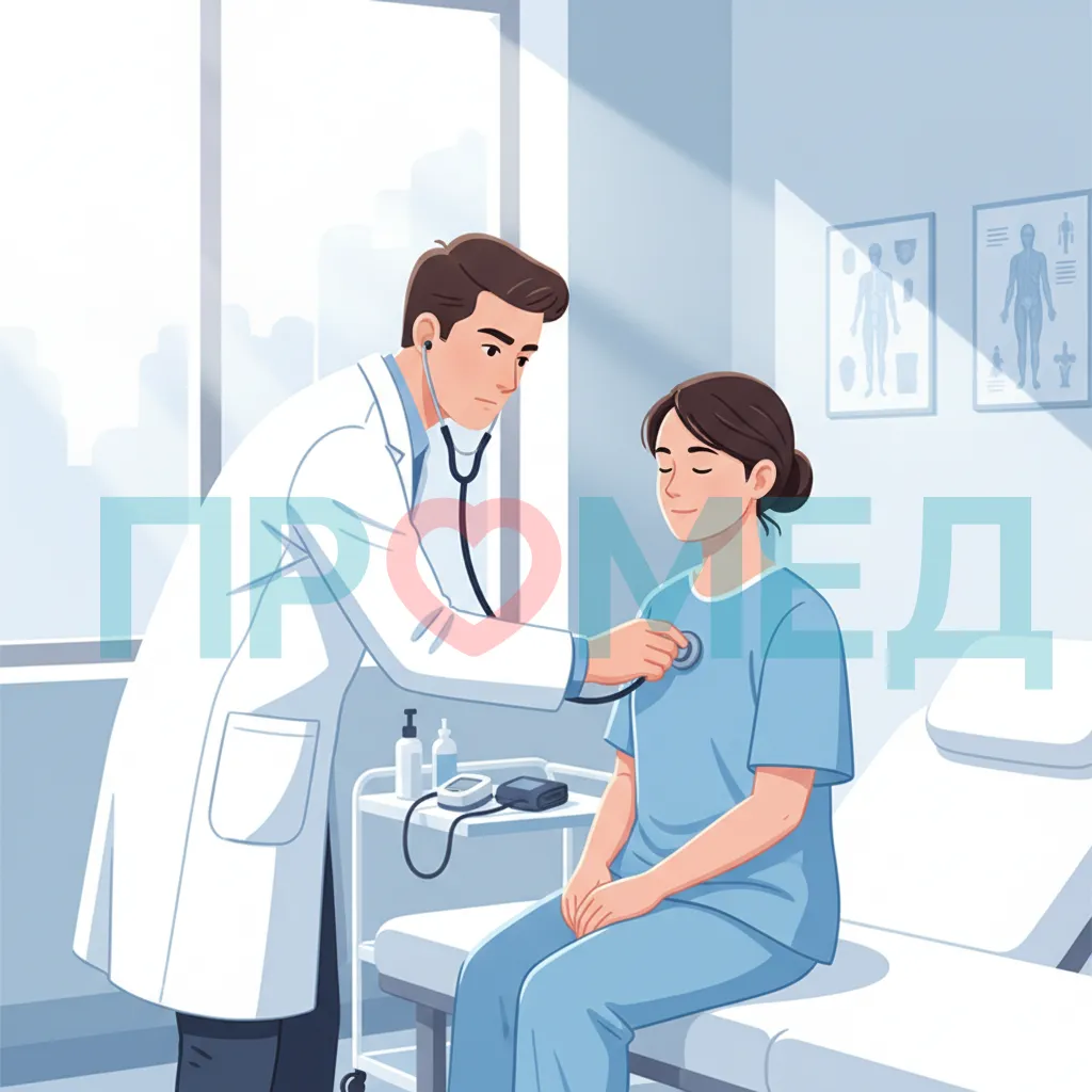 Врач в белом халате слушает стетоскопом пациента, который сидит на кушетке 