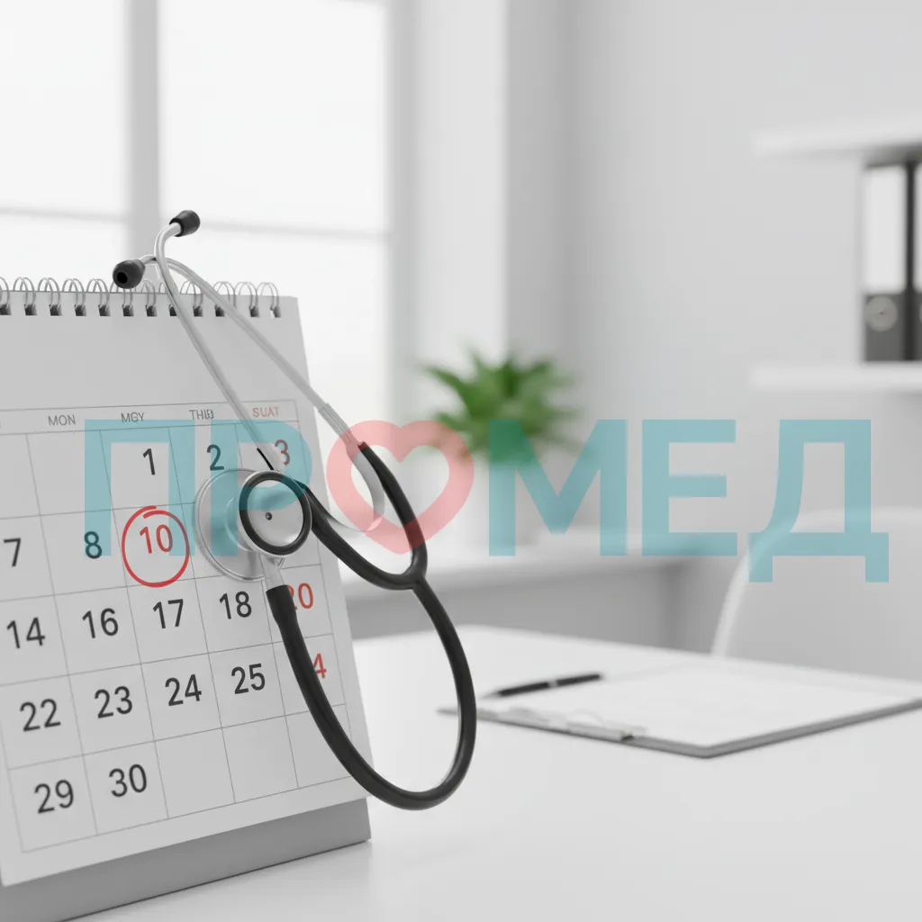 Изображение календаря с обведенной датой и стетоскопом, символизирующее запись к врачу.