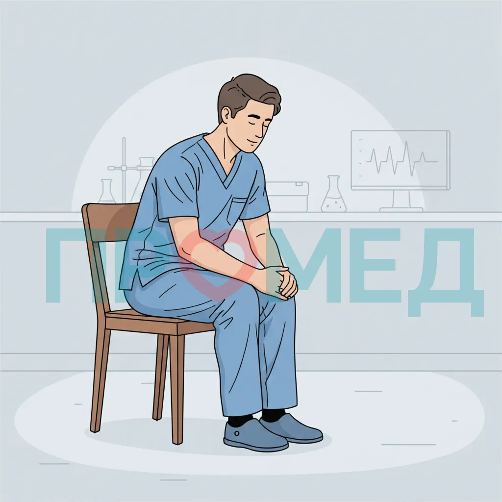 Человек сидит на стуле, слегка наклонившись вперед и оперевшись руками на колени, практикуя дыхательную технику