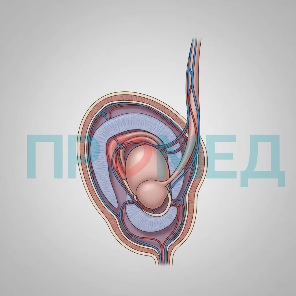 Схематическое изображение анатомии органов мошонки.
