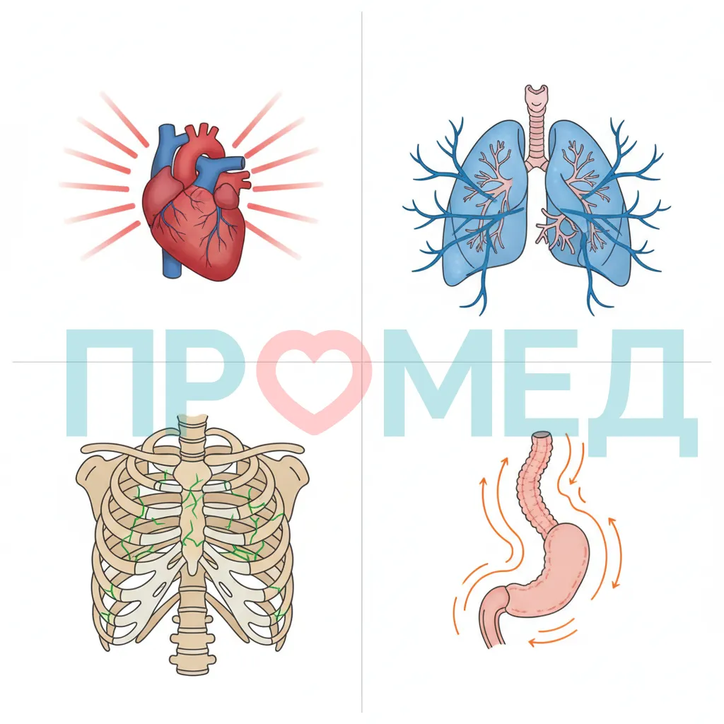 Схематичное изображение разных причин боли в груди: сердце, легкие, мышцы, пищевод.