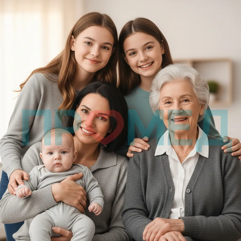 Семейная фотография: младенец, подросток, взрослый и пожилой человек, символизирующие разные этапы жизни