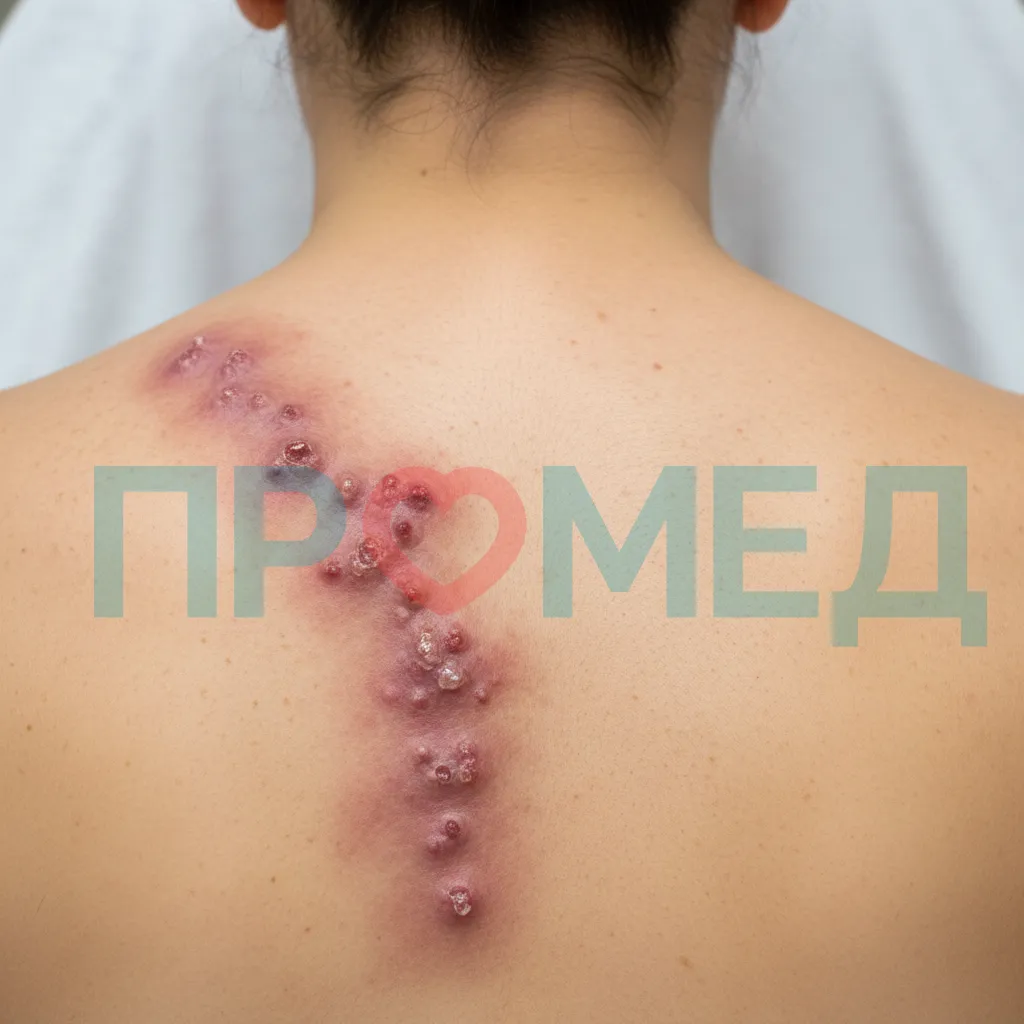 Высыпания при опоясывающем герпесе на коже спины по ходу ребра