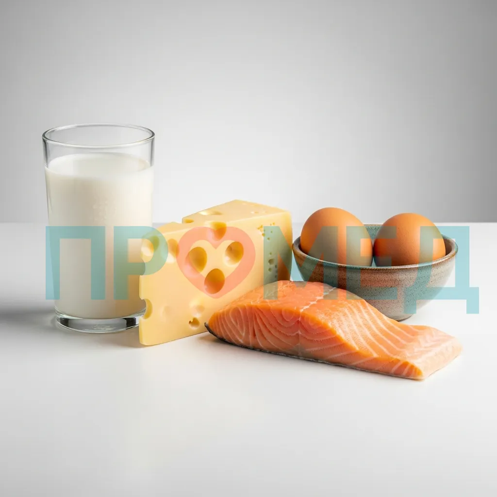 Продукты богатые кальцием и витамином D: молоко, сыр, лосось, яйца