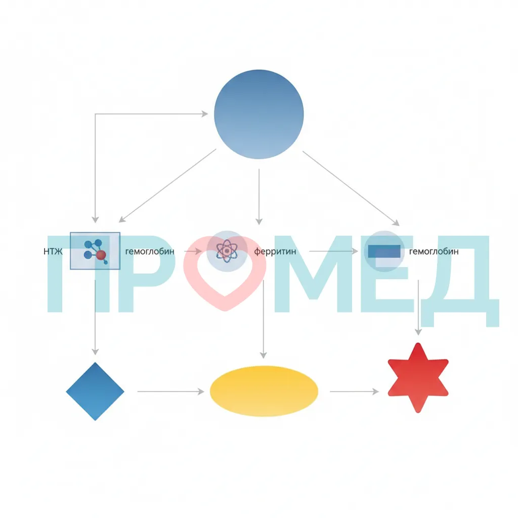 Схема дифференциальной диагностики анемий с использованием НТЖ, ферритина и гемоглобина. 