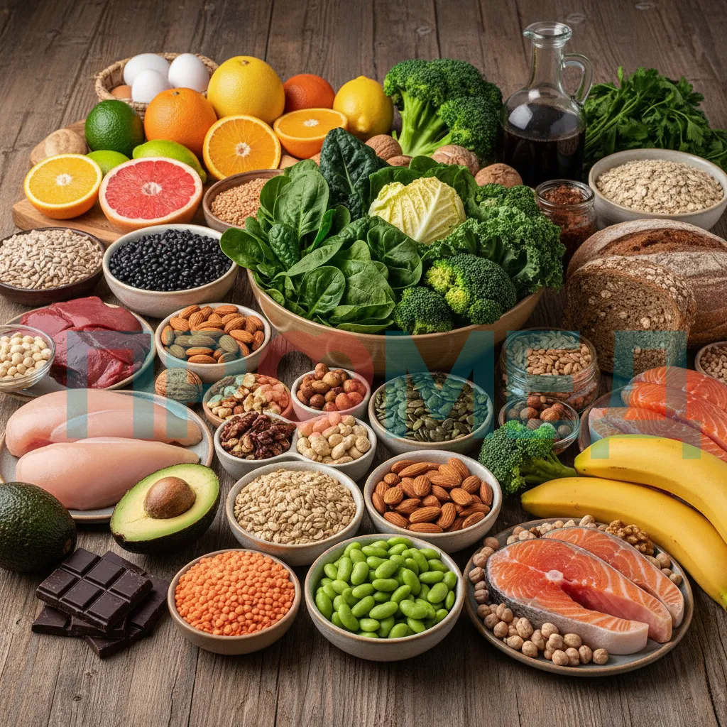 Разнообразные продукты питания, богатые витаминами группы B и магнием, на деревянном столе. 
