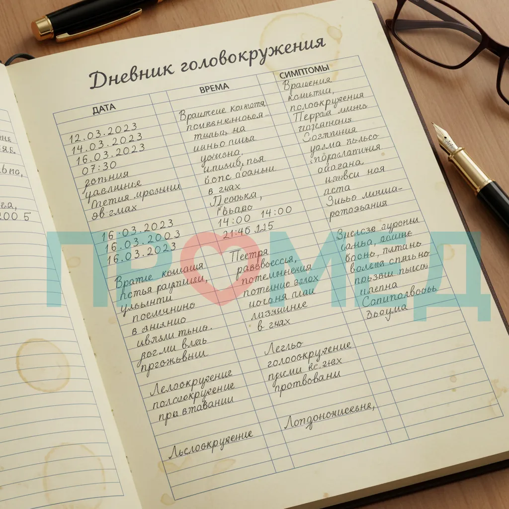 Страница дневника с записями о приступах головокружения: дата, время, симптомы