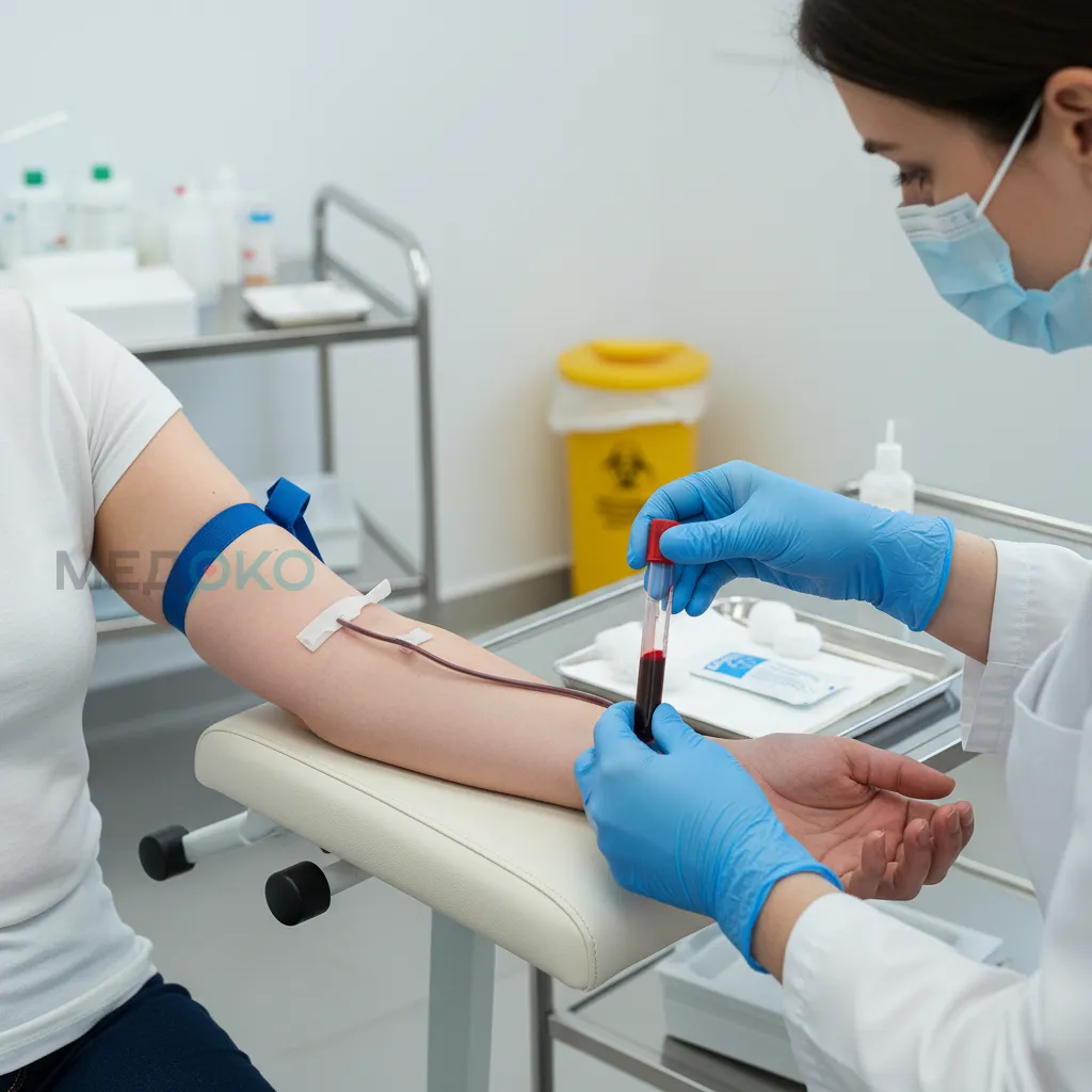 Процедура забора венозной крови из локтевой вены пациента в медицинском кабинете