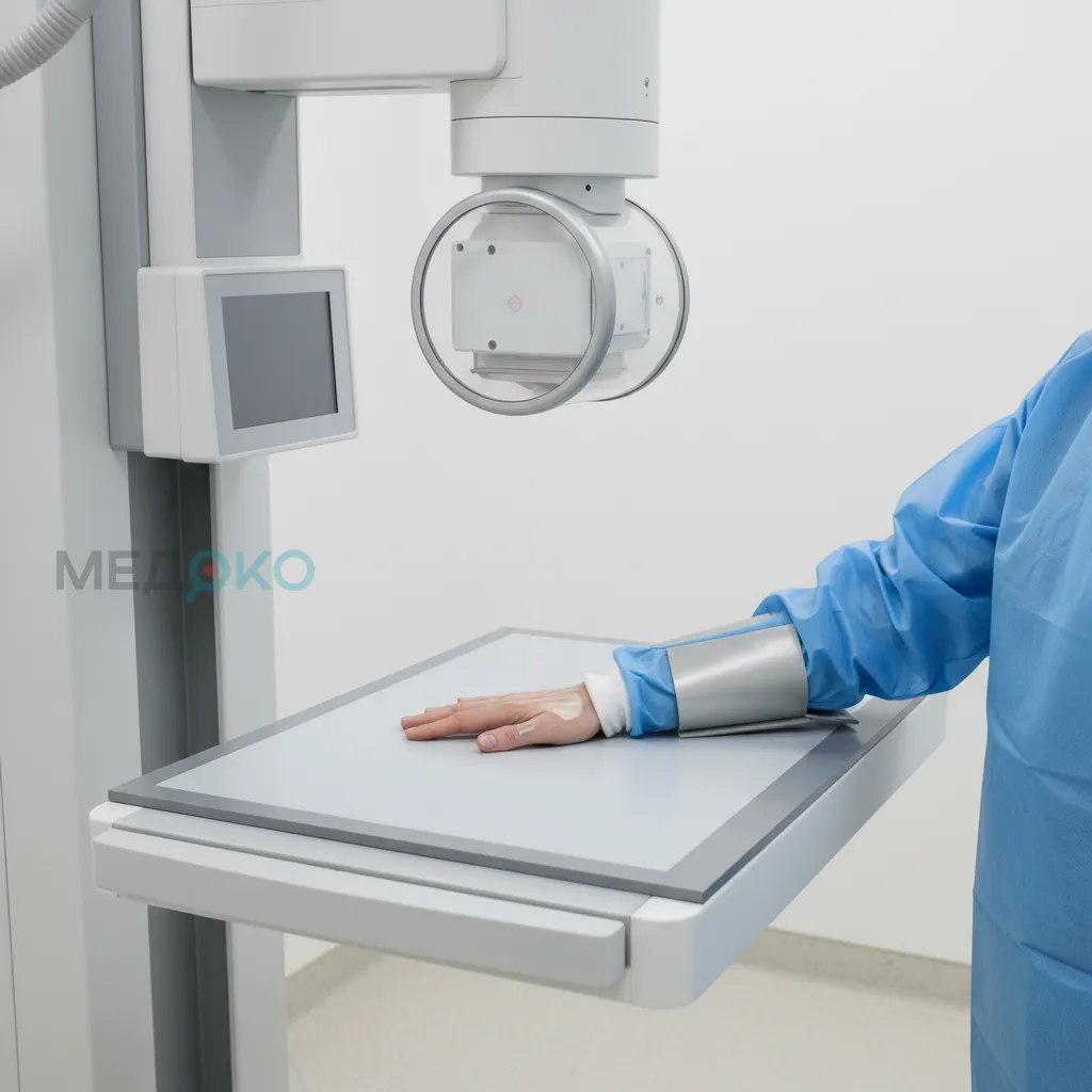 Пациент располагает кисть на детекторе рентгеновского аппарата для выполнения снимка 