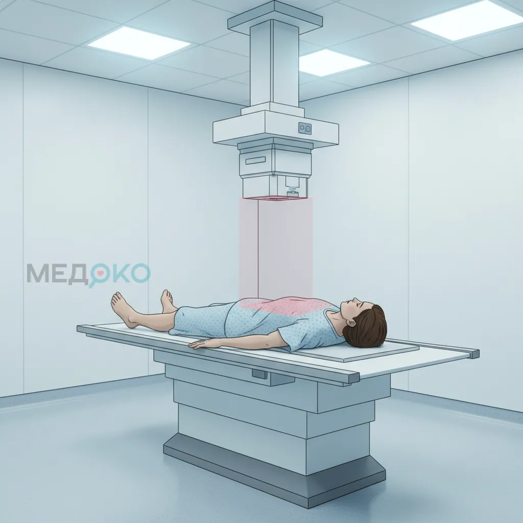 Пациент, лежащий на рентгеновском столе, позиционируется для выполнения проекции 